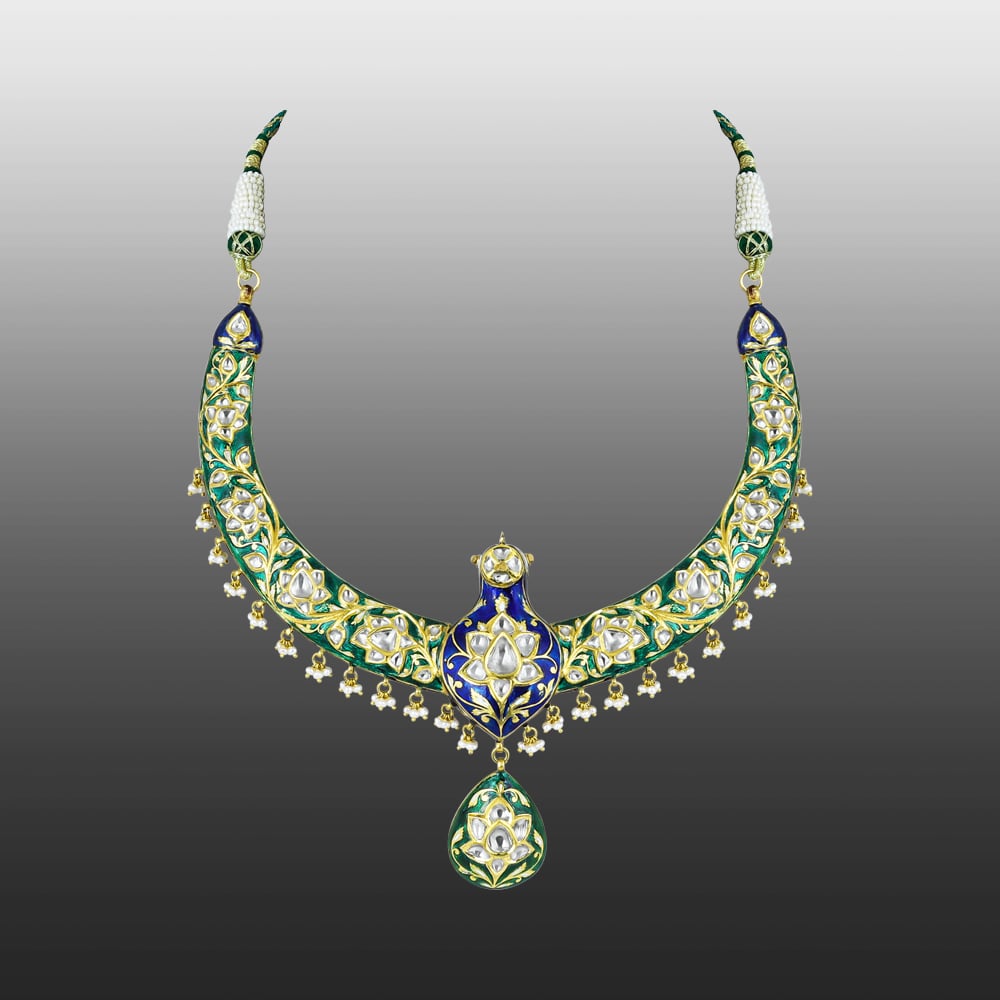Peacock Motif Hasli Necklace with Polki and Enamel Detailing